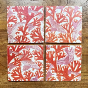 Fish and Coral Printed Wood Coaster Set, Orange and Pinks, Hostess Gift