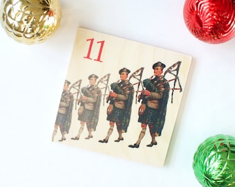 Wooden Coaster, 12 Days of Christmas, Eleven Pipers Piping, Drink Coaster,  Holiday Gift, Holiday Tabletop, Hostess Gift, Table Decor