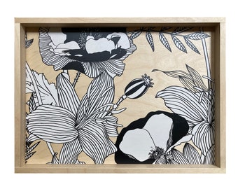 Lilies and Poppies Floral Pattern Printed Wood Serving Tray in Black and White