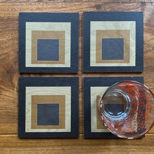 Black and Gold Squares Josef Albers Printed Wood Coaster Set, Drinkware, Barware, Cocktail Coasters