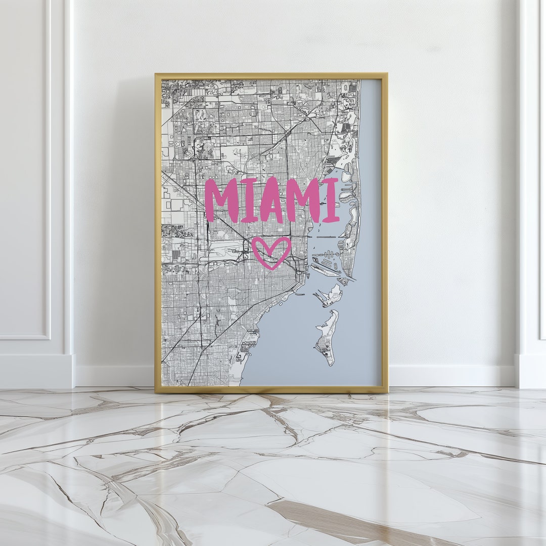 Miami Map Art Print: Pink & Blue Cityscape (digital Download) - Etsy
