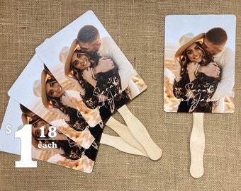 Personalized Wedding Hand Fans With Wooden Handles.  Use your own artwork or let us design the perfect fan for your special day!