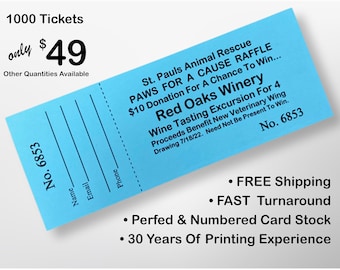 1,000 Custom Printed Raffle Tickets For Your Fundraiser.  Card Stock Of Your Choice Numbered And Perforated.  Fundraising Made Simple!