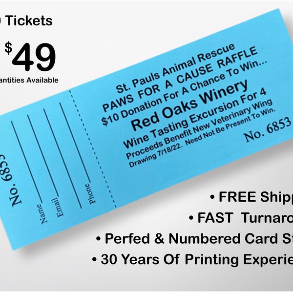 1,000 Custom Printed Raffle Tickets For Your Fundraiser.  Card Stock Of Your Choice Numbered And Perforated.  Fundraising Made Simple!