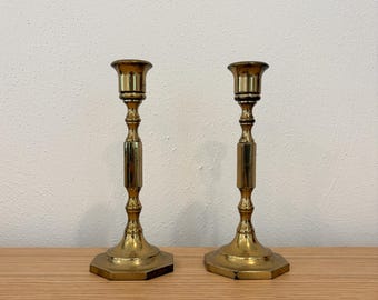 Vintage Solid Brass Candlesticks Pair | Turned Stem Octagonal Base Holders