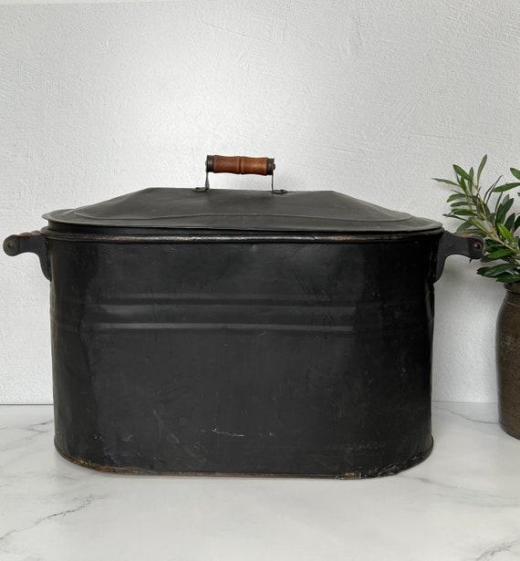 Antique Black Copper Tub With Lid and Wooden Handles Vintage Etsy
