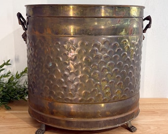 Antique Brass Jardiniere Planter with Lion Mask Handles & Paw Feet | Large Hammered Brass Cachepot | Victorian Style Plant Holder