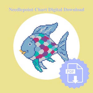 May include: Digital download of a needlepoint chart featuring a pixelated fish design. The fish is primarily blue with colorful scales in shades of purple, teal, and gray. The image includes the text "Needlepoint Chart Digital Download" and a PDF icon.