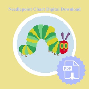May include: Digital download needlepoint chart. The image shows a pixelated caterpillar in green and yellow, with a red head and purple antennae. The design is set against a light blue circle on a yellow background, with a PDF icon.
