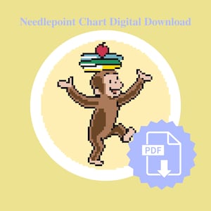 May include: Digital download of a needlepoint chart featuring a pixelated monkey balancing books and an apple on its head. The monkey is brown with a smiling face, set against a yellow background with a PDF icon.