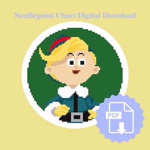 May include: Digital download of a needlepoint chart featuring a pixelated cartoon character with blonde hair, a red headband, and a blue outfit. The character is set against a green circle on a yellow background, with a PDF icon.