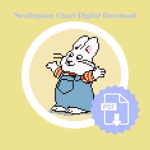 May include: Digital needlepoint chart download. The image shows a pixelated white rabbit in blue dungarees and an orange and white striped shirt. Includes a PDF icon and the text "Needlepoint Chart Digital Download" on a yellow background.