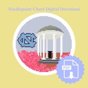 Puede incluir: Descarga digital de un gráfico de punto de cruz. El diseño presenta una ilustración pixelada de una estructura de columnas blancas, un logotipo azul y flores rosas, todo dentro de un círculo blanco. También se incluye un icono PDF.