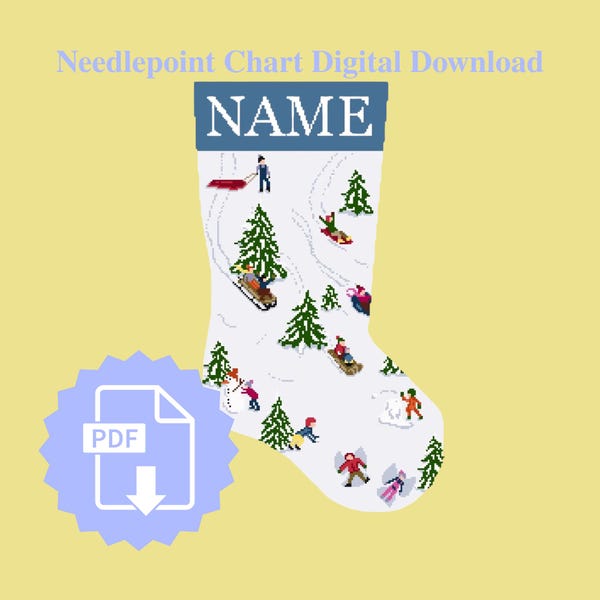 Needlepoint Stocking Chart 13 in mesh snow day/sledding scene