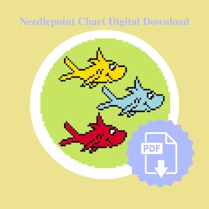May include: Digital needlepoint chart download featuring three pixelated fish in yellow, blue, and red, set against a green circle. The image includes a PDF icon with a downward arrow, all on a light yellow background.