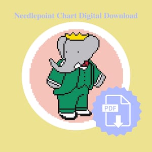 Könnte beinhalten: Digitaler Download eines Stickmuster-Diagramms mit einer pixeligen Illustration eines Elefanten in einem grünen Anzug und einer goldenen Krone. Der Elefant befindet sich in einem rosa Kreis, mit einem PDF-Symbol in einem blauen Stern. Der Text lautet "Needlepoint Chart Digital Download".
