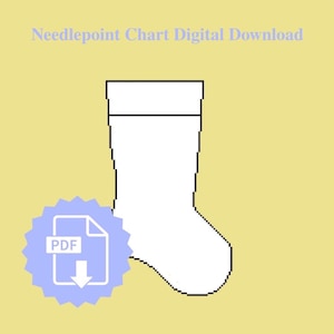 May include: Digital download of a needlepoint chart for a sock design. The image shows a white sock outline with a black border on a yellow background. A blue PDF icon is in the lower left corner, with the text "Needlepoint Chart Digital Download" at the top.