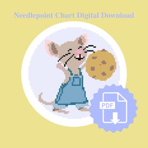 May include: Digital needlepoint chart download featuring a pixelated illustration of a smiling mouse wearing blue overalls and holding a large cookie. The image is set against a light yellow background with the text "Needlepoint Chart Digital Download". A PDF icon is also included.