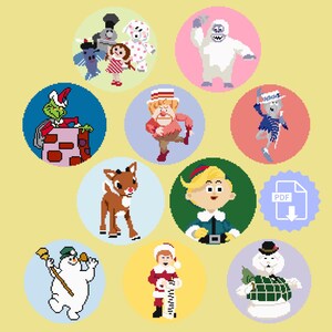 May include: A collection of pixelated Christmas character illustrations, including the Grinch, Rudolph, a snowman, and an elf, each set within a colorful circle. The image also features the Abominable Snowman, a toy soldier, and other festive figures.
