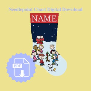 May include: Digital download of a needlepoint chart featuring a Christmas stocking design. The stocking has a red top with the word "NAME" and a dark blue background with stars. The design includes cartoon characters and a Christmas tree.