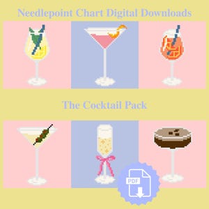 May include: Digital download needlepoint chart pack with six pixelated cocktail designs. The image includes the text "Needlepoint Chart Digital Downloads" and "The Cocktail Pack."