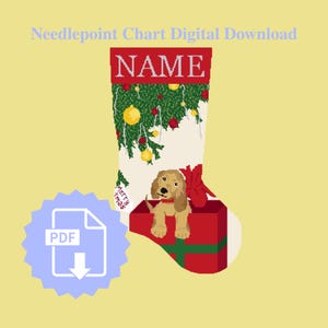 May include: Digital needlepoint chart of a Christmas stocking with a dog in a gift box. The stocking is white with green, red, and yellow accents. The top of the stocking has the word "NAME" in red. A PDF icon is in the lower left.