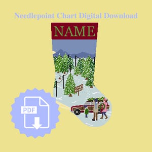 Op de afbeelding: Digitale kruissteekdiagram download met een kerstsokontwerp. De sok heeft een rode bovenkant met het woord "NAME" en een winterse scène met bomen, sneeuw en een auto met een kerstboom. Een PDF-pictogram staat linksonder.