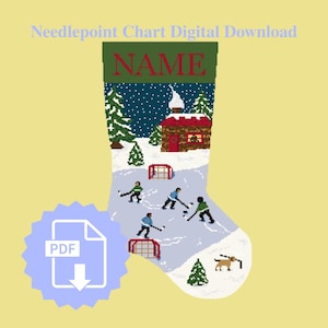 May include: Digital needlepoint chart of a Christmas stocking with a winter hockey scene. The stocking has a green top with the word "NAME" and a snowy landscape with a cabin, trees, and hockey players. A PDF download icon is in the lower left.