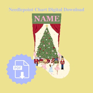 Peut inclure: Un modèle de canevas numérique à télécharger représentant une chaussette de Noël avec le texte "Needlepoint Chart Digital Download" et "NAME". La chaussette montre un sapin vert, des rideaux rouges, des danseurs et un casse-noisette.
