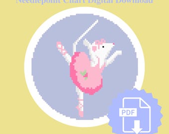 Puede incluir: Descarga digital de un gráfico de punto de cruz con una ilustración pixelada de una ratona bailarina blanca con un tutú rosa con un diseño de fresa. El ratón está sobre un círculo azul claro sobre un fondo amarillo. Un icono PDF está en la parte inferior derecha.
