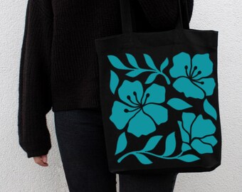 Black Canvas Tote Bag: Teal Hibiscus Floral Design, Reusable Shopping Bag