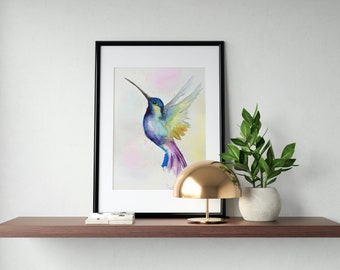 Flying Hummingbird Original watercolour painting Nursery Gift Bird Painting Print