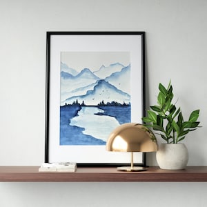 Blue Mountains Original Watercolor Painting Indigo Print Monochrome Wall Decor Living Room Wall Art