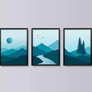 Landscape Prints Set of 3, Mountains, Moon, Trees, River, Beautiful Blue Landscape Wall Art image 1