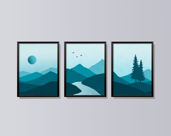 Landscape Prints Set of 3, Mountains, Moon, Trees, River, Beautiful Blue Landscape Wall Art