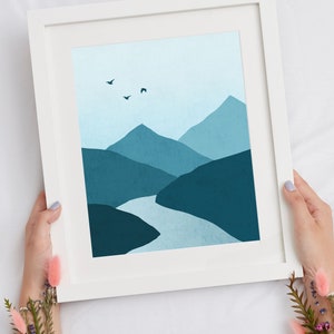 Landscape Prints Set of 3, Mountains, Moon, Trees, River, Beautiful Blue Landscape Wall Art image 2