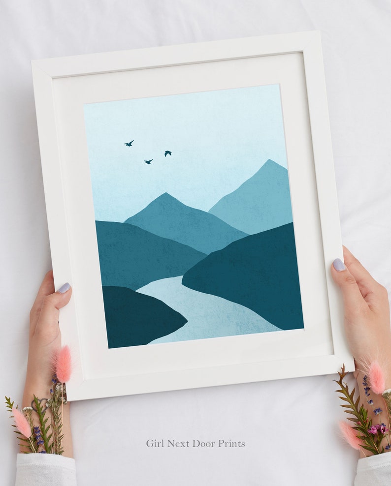 Landscape Prints Set of 3, Mountains, Moon, Trees, River, Beautiful Blue Landscape Wall Art image 2