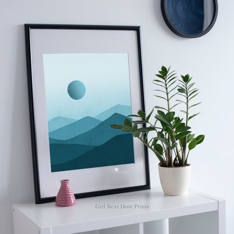 Landscape Prints Set of 3, Mountains, Moon, Trees, River, Beautiful Blue Landscape Wall Art image 3