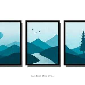 Landscape Prints Set of 3, Mountains, Moon, Trees, River, Beautiful Blue Landscape Wall Art image 4