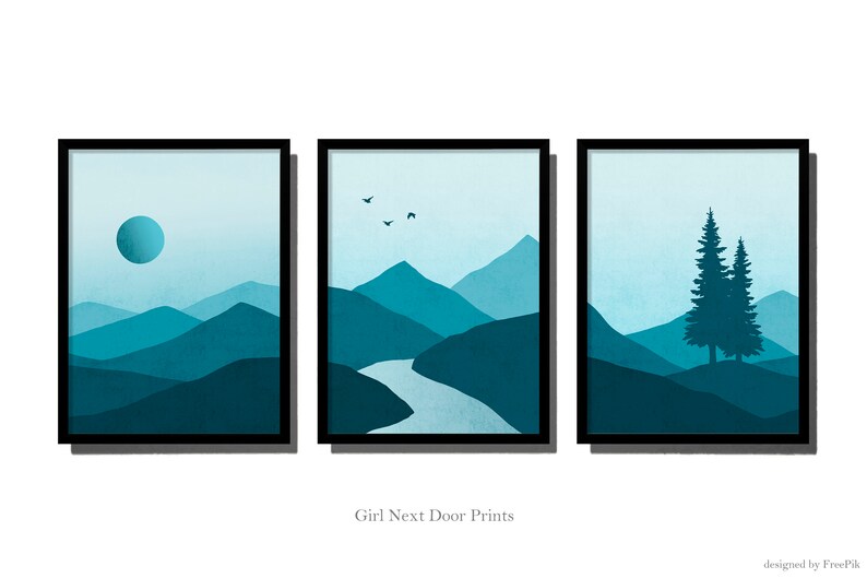 Landscape Prints Set of 3, Mountains, Moon, Trees, River, Beautiful Blue Landscape Wall Art image 4