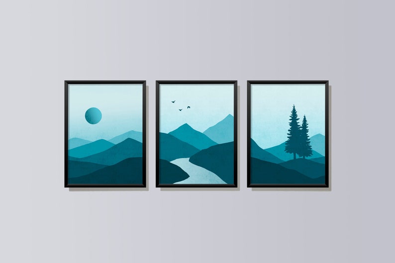 Landscape Prints Set of 3, Mountains, Moon, Trees, River, Beautiful Blue Landscape Wall Art image 1