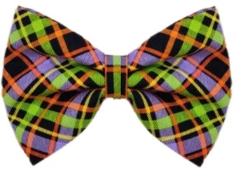 HALLOWEEN DOG BOWTIE | Lime green, Mauve, Black Plaid Bow | Purr-fect Cat Bow Tie | Ideal for Halloween, parties and everyday walks