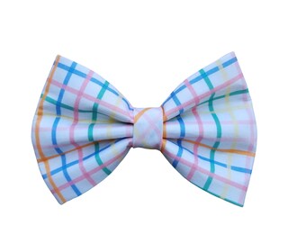 DOG BOW TIE | Multi colored plaid on white | Purr-fect Cat Bow Tie | Elastic loop slide on | Ideal for weddings, parties and everyday walks