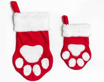 CHRISTMAS VELVET STOCKING | Paw shaped red velvet, white faux fur, fully lined | Great dog holiday stocking | Purr-fect cat holiday stocking