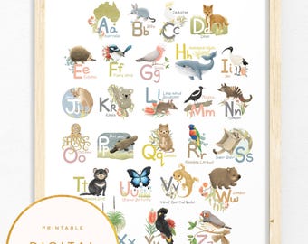 Póster del alfabeto de animales australianos: Arte para el aula infantil (A-Z) (Descarga digital)