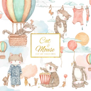Cute Cat and Mouse Watercolour | 18 Clip Art Illustrations PNG/JPEG
