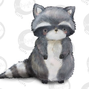 Puede incluir: Una ilustraci&oacute;n digital de un peque&ntilde;o mapache esponjoso con pelaje gris y blanco, una m&aacute;scara negra alrededor de los ojos y una cola rayada. El mapache est&aacute; de pie en posici&oacute;n frontal con el pecho blanco y peque&ntilde;as patas negras.