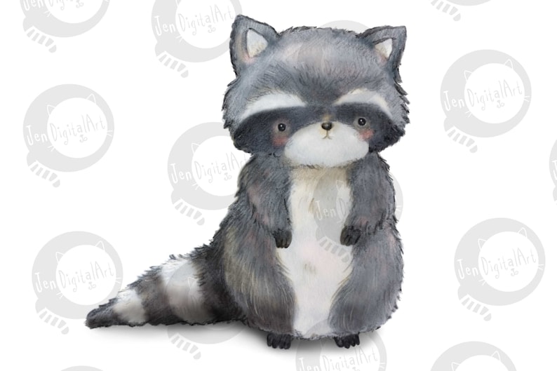 Puede incluir: Una ilustraci&oacute;n digital de un peque&ntilde;o mapache esponjoso con pelaje gris y blanco, una m&aacute;scara negra alrededor de los ojos y una cola rayada. El mapache est&aacute; de pie en posici&oacute;n frontal con el pecho blanco y peque&ntilde;as patas negras.