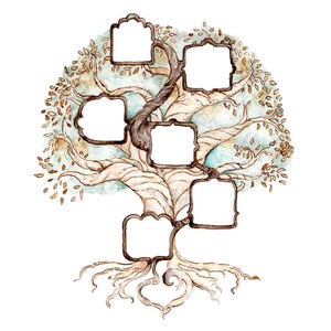 May include: Watercolor illustration of a family tree with six ornate frames for photos. The tree has a light brown trunk and branches, with a light blue and brown foliage. The frames are outlined in dark brown.