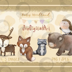 Puede incluir: Un conjunto de ilustraciones digitales titulado Baby Woodland de JenDigitalArt que presenta cinco animales del bosque, incluyendo un ciervo, un zorro, un mapache, un oso y un p&aacute;jaro. El texto Baby Woodland, by, JenDigitalArt, 5 IMAGES y PNG I JPEG es visible.